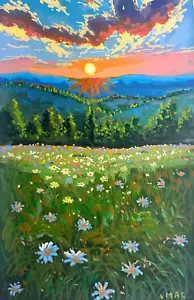 Original Landscape Painting Signed Impressionism Sunset Flowers Floral Wall Art - Picture 1 of 2