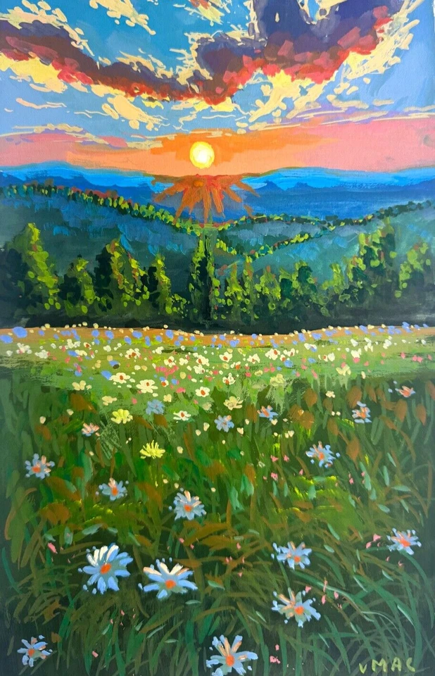 Pintura de paisagem original assinada impressionismo pôr do sol flores arte de parede floral - Imagem 1 de 2