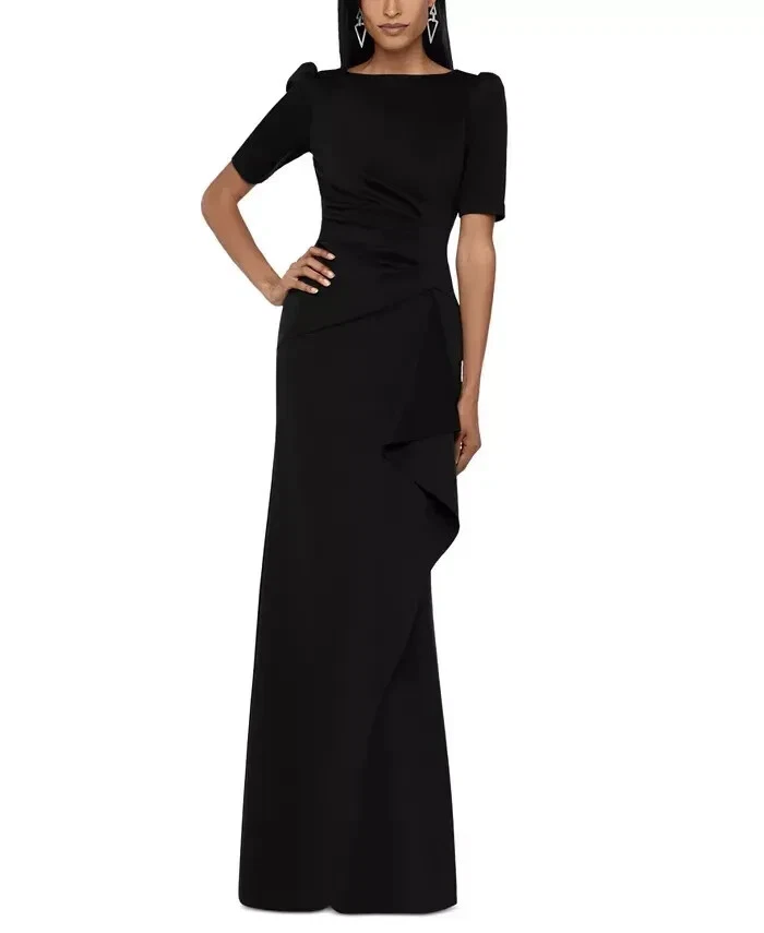 Xscape Black Ruched Scuba Ruffle Short Sleeve Gown Dress Size 16 $218 - Image 1 of 2