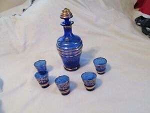 Vintage Cobalt Blue and Gold Decanter with 5 Cordial Shot Glasses Liquor Set 