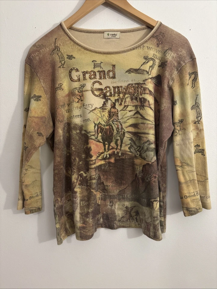 Camiseta De Colección Gráfica Cactus Manga 3/4 Gran Cañón Tribal India XL 90’s Y2K Foto 1 de 4