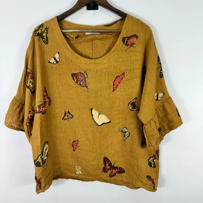 Viola Borghi Linen Top M Brown Butterfly Italy Boho Cottagecore Artsy Lagenlook - Image 1 of 4