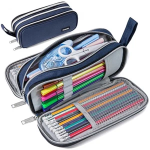 Pencil Case with 3 Compartments, Canvas Zipper Pencil Pouch, Large Pencil bag... - Picture 1 of 7