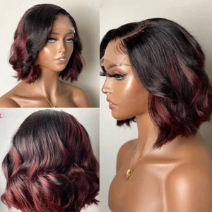 Ombre 99J Highlight Short Wavy Colored 5X5 PU Silk Base Closure Wig Human Hair - Picture 1 of 12