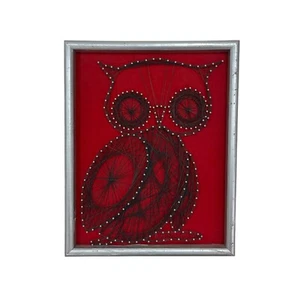 Vintage Owl La Rata Nail String Retro Wall Art Picture On Red Velvet Wood Frame - Picture 1 of 10