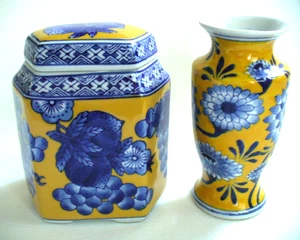 2~ASIAN~Yellow & Cobalt Blue~FLORAL~6"x3"~Vase~HEXAGON~5.75"x5"x3.5"~Lidded Jar - Picture 1 of 12
