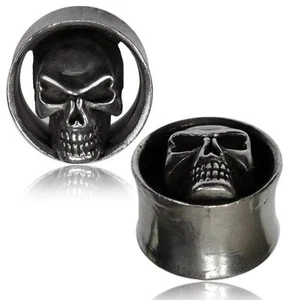 WHITE BRASS (SILVER TONE) SKULL TUNNELS PLUGS GAUGES PLUGS PLUG EAR GAUGE GOTHIC - Picture 1 of 1