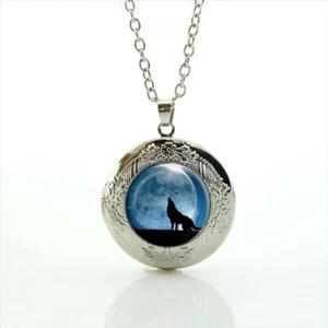 Silhouette Wolf Moon Cabochon LOCKET Pendant Silver Chain Necklace USA Ship #22 - Picture 1 of 3