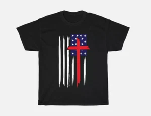 USA Flag with Cross Men's T-Shirt Unisex American Christian Jesus Faith Tee Gift - Picture 1 of 4