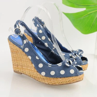 Seychelles Womens Sandals Size 8 Blue White Denim Polkadot Slingback Wedge Bow - Image 1 of 4