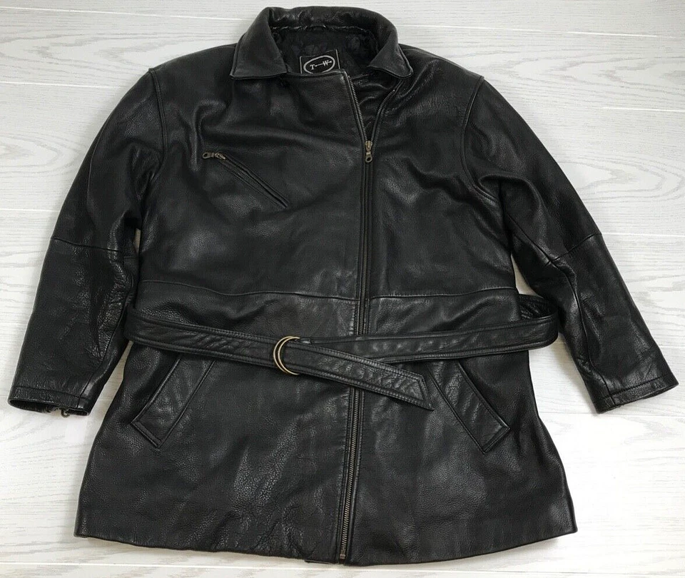 Vintage Tannery West Leather Jacket Womens L Black Belted Heavyweight Zip Up 90s - Image 1 of 4