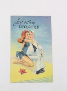Postal de lino Tichnor vintage de 1930 recién conociéndose Pinup y Sailor - Imagen 1 de 2