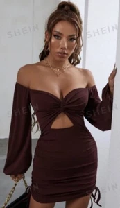 Shein Brown Off The Shoulder Cut-out Mini Ruched Bodycon Dress Long Sleeve Small - Picture 1 of 10