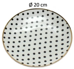Plato De Postre De Porcelana Blanco Y Negro Con Puntos Y Un Borde Dorado. - Imagen 1 de 5