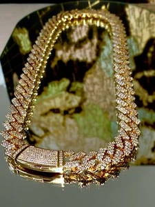 Men's Miami Cuban Link Chain 12mm Ice Out 14k Gold CZ VVS FILL Real ICY Choker - Picture 1 of 12