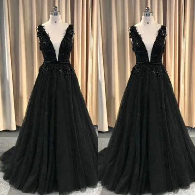 Gothic Black Deep V Neck Wedding Dresses Sleeveless A Line Tulle Bridal Gowns - Image 1 of 4