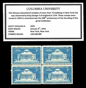 1954 - Universidad de Columbia - Bloque de cuatro estampillas postales vintage de EE. UU. 67 años - Imagen 1 de 1