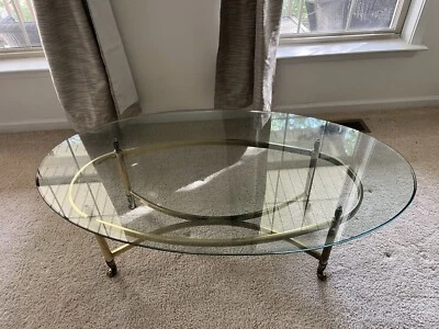 Vintage Mid Century Labarge Style Brass and Glass Oval Coffee Table - Image 1 of 4