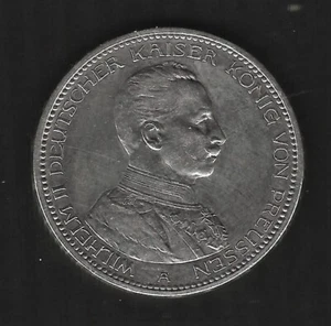 1914 A GERMANY PRUSSIA 5 MARK KING WILHELM II UNIFORM SILVER COIN KM#536 - Picture 1 of 2