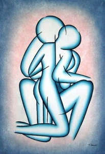 Quadro moderno romantico 36x24 di bacio dipinto olio ritratto coppia - Foto 1 di 1