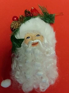 Santa Christmas Tree Ornament Vintage Curly Beard Red Bird Holly Holiday Decor  - Picture 1 of 6