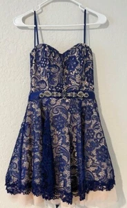 New Navy Blue Pattern Small Padded Strapless Bee Darlin Formal Dress 7/8 - Picture 1 of 7