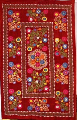 Embroidered red velvet tablecloth,Uzbek suzani tapestry wall hanging,blanket - Image 1 of 4