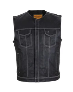 Biker Black Men's Motorcycle Leather Triple White Thread Stitching CLUB VEST® - Picture 1 of 5