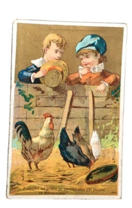 1800’s Victorian Trade Card Rooster Chickens Children Wooden Wall 4 X 2 1/2” B42 - Picture 1 of 2