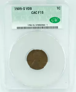 1909-S VDB CAC F15 Lincoln Wheat Cent Penny - Picture 1 of 3