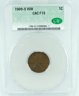 1909-S VDB CAC F15 Lincoln Wheat Cent Penny - Image 1 of 3