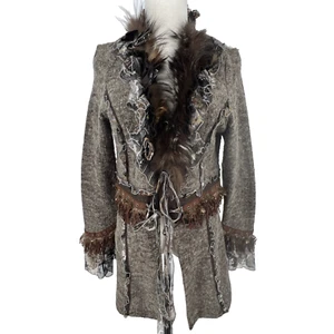 Dolce Cabo Jacket Women's Size XL Brown Quail Feathers Fur Faux Leather Bohemian - Picture 1 of 13