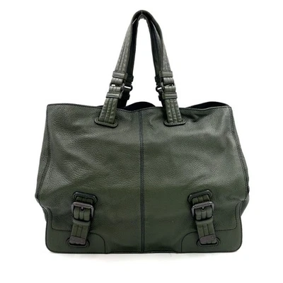 BOTTEGA VENETA Double Handle Tote Bag Handbag Khaki Green Leather Used Authentic - Image 1 of 4