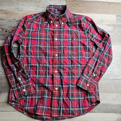 Ralph Lauren 青少年男童纽扣前衬衫红色海军蓝格子 7 码 — 第 1/4 张图片