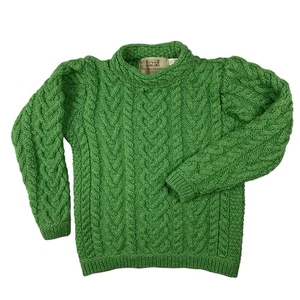 VTG Aran Sweater Market Kids Cable Knit Sweater Green Merino Wool Ireland Sz 7-8 - Picture 1 of 6