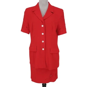 Escada Skirt Suit Womens 8 US 40 Red Wool Embroidered Detail Margaretha Ley Vtg - Picture 1 of 23