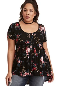 Torrid Babydoll  Shirt Top Black Floral Tunic Women Size 4 Plus Ext Button NWT - Picture 1 of 15