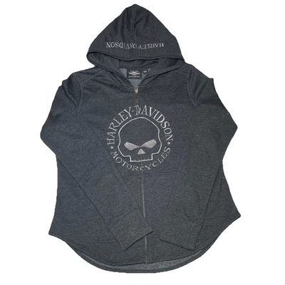 Harley-Davidson Hoodie Women’s Sz Large Gray Skull Full Zip Cotton Blend Sweater - Image 1 of 4