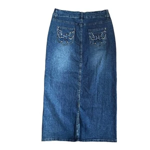 H.i.p Jeans Sz M Denim Butterfly Maxi Skirt VTG 90s Rhinestone Embroidered - Picture 1 of 10