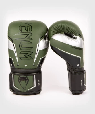 Venum Elite Evo Hook and Loop Boxing Gloves - Khaki/Silver
