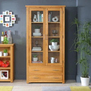 London Oak Display Cabinet - Double 2 Door Drawers Large Tall Glazed Unit - UK53 - Picture 1 of 11
