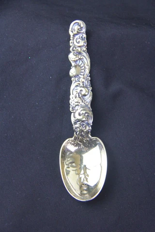 Antique Whiting Sterling Baby Face Feeding Spoon w/ Ornate Rococo Handle Cover