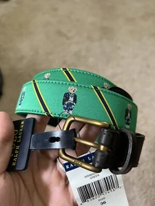 Polo Ralph Lauren Men's SZ 36 Green Polo Bear Belt Leather Needlepoint $98.5 NWT - Picture 1 of 5