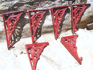 SIX small Cast Iron wall shelf Brackets, Teeny Tiny Braces, RED - Picture 1 of 12