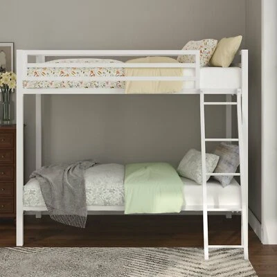 Sifurni Twin Over Twin Size Bunk Bed Frame with Ladder and Guard Rail, White - Image 1 of 4