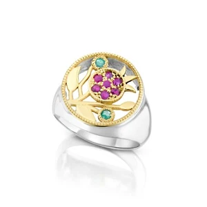 Anello Melograno Ebraico con Rubino e Smeraldo Oro Giallo 9K & Argento 925 Gioielli - Foto 1 di 9