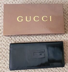 AUTH GUCCI G LOGO BI-FOLD PATENT LEATHER LONG WALLET PREOWNED BOX BLACK
