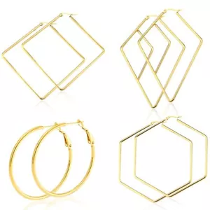 4 Pairs Stainless Steel Geometric Hexagon Round Square Thin Hoop Earrings for Wo - Picture 1 of 6