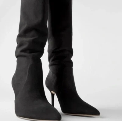 ZARA Black Suede Slouch Knee High Boots Pointed Toe Stiletto Heel Size 9 NEW - Image 1 of 4
