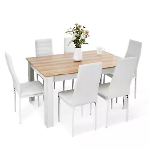 Oak Wooden Dining Table Set with 6 White Faux Leather Chairs Kitchen Furniture - Picture 1 of 14